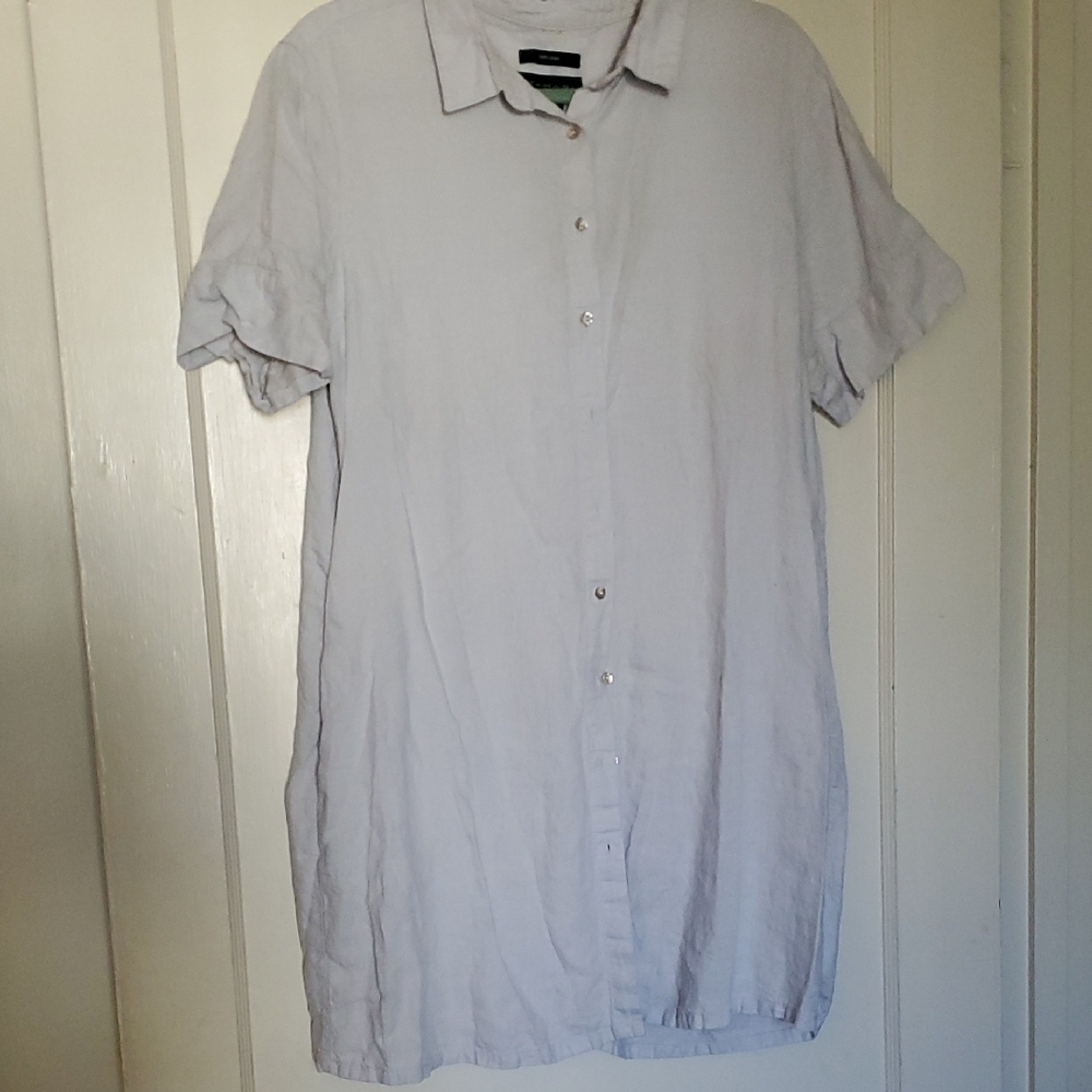 Tahari Linen Light Gray Button Down Dress - Picture 2 of 8